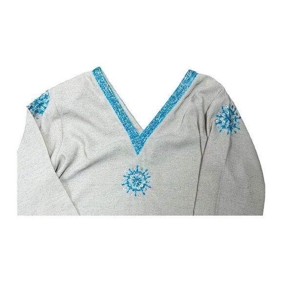 NEW MASHAL Pakistan Cream Linen Tunic Dress Short Turquoise 3/4 Sleeve Womens M - Picture 5 of 9